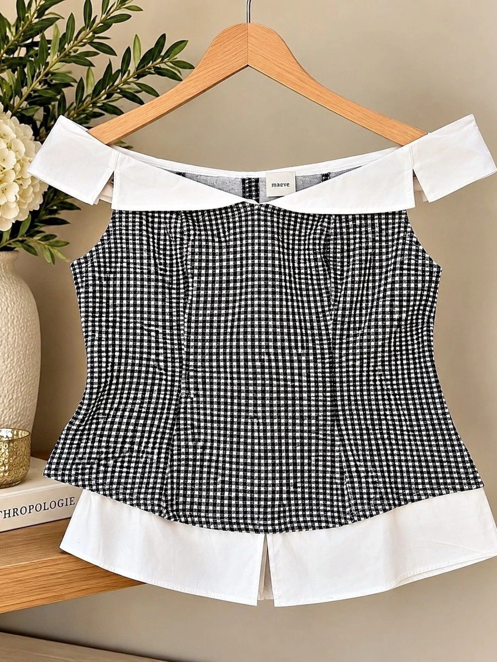 Maeve Anthropologie Black White Gingham Off Shoulder Top XL